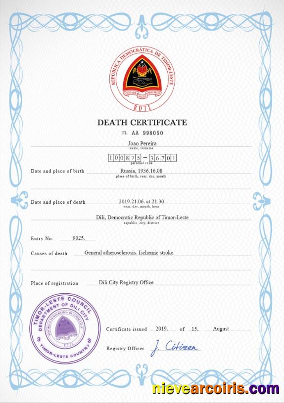 Timor-Leste vital record death certificate